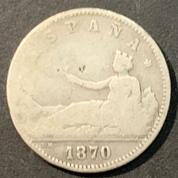 紫瑗钱币——微拍第104期 西班牙 1870年 拿花 1比塞塔 5克 0.835银 