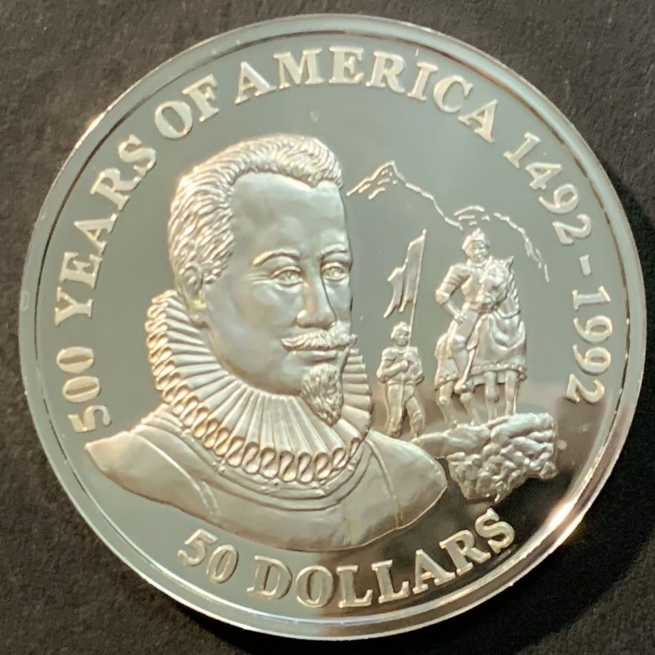 紫瑗钱币—微拍第125期  库克群岛 1992年 美洲发现500周年系列 瓦尔迪维亚 50元 31.1克 0.925银 精制