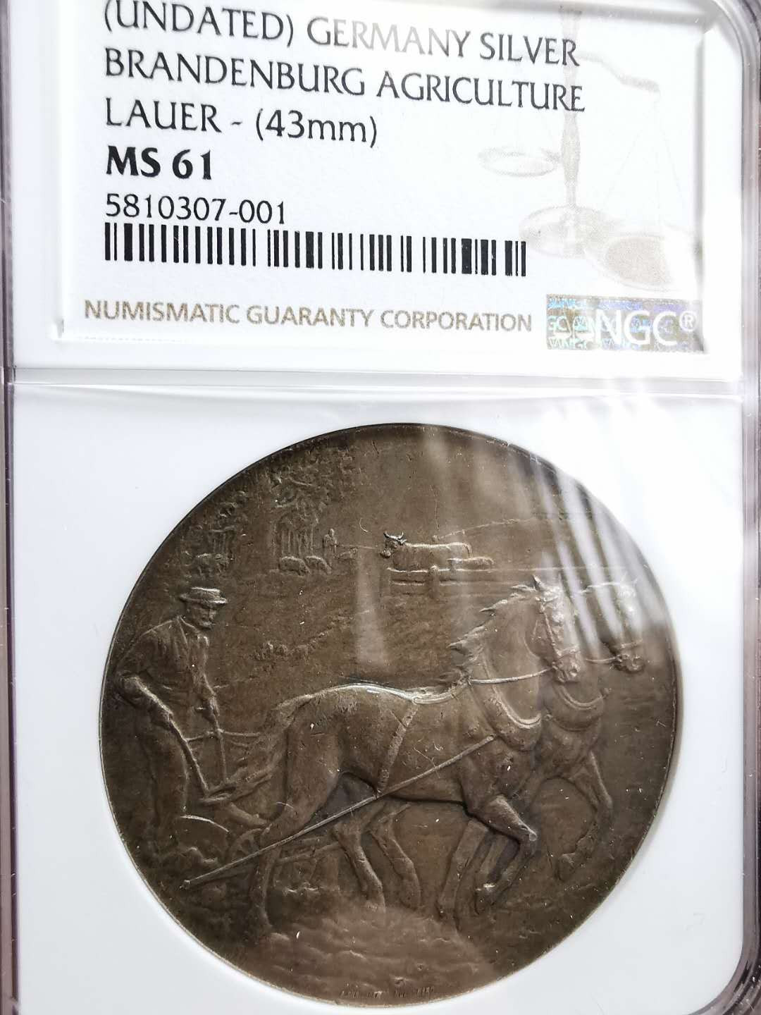 凡希社世界钱币微拍第一百二十八期 德国勃兰登堡农业纪念银章NGC-MS61雕刻精美！