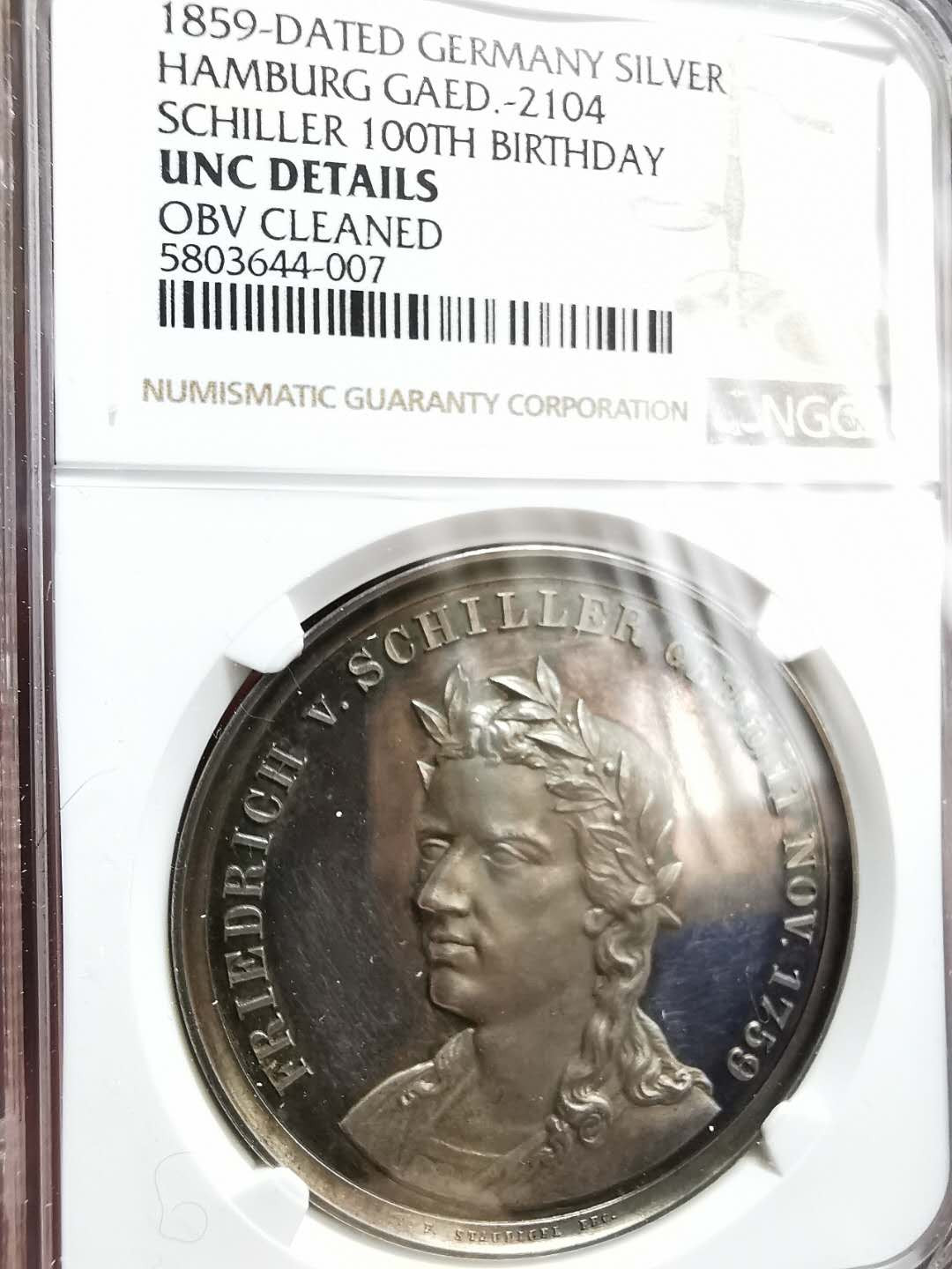 凡希社世界钱币微拍第一百二十八期 1859汉堡席勒百年诞辰纪念银章NGC-UNCD精美！