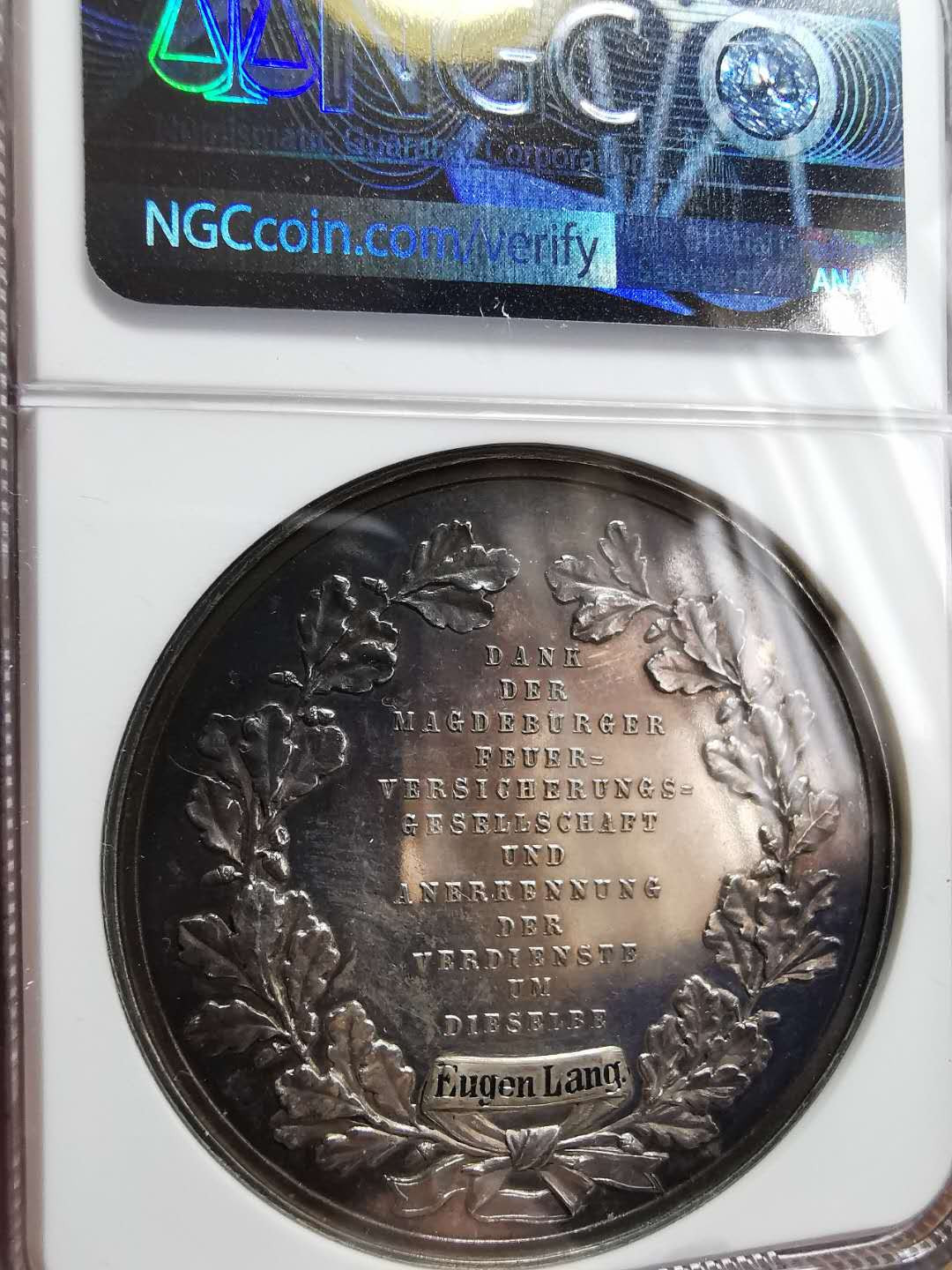 凡希社世界钱币微拍第一百二十八期 德国马德堡火灾保险纪念银章NGC-MS61