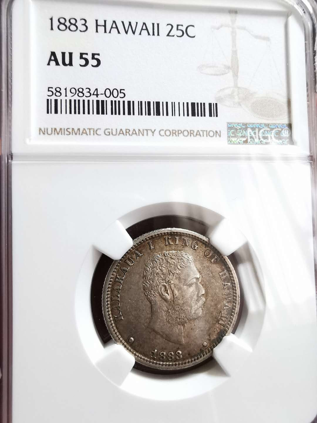 凡希社世界钱币微拍第一百二十八期 1883夏威夷25分NGC-AU55原味低评！