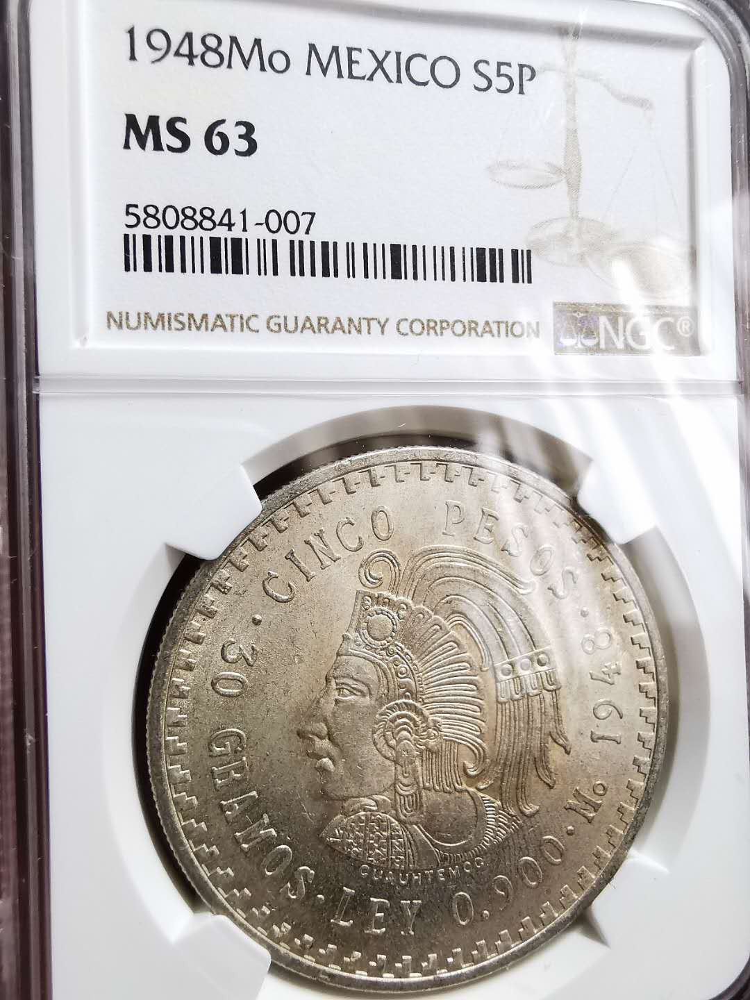 凡希社世界钱币微拍第一百二十八期 1948墨西哥印第安原住民5比索大银NGC-MS63