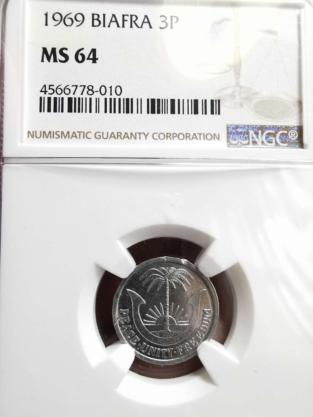 凡希社世界钱币微拍第一百二十八期 1969比夫拉3便士NGC-MS64