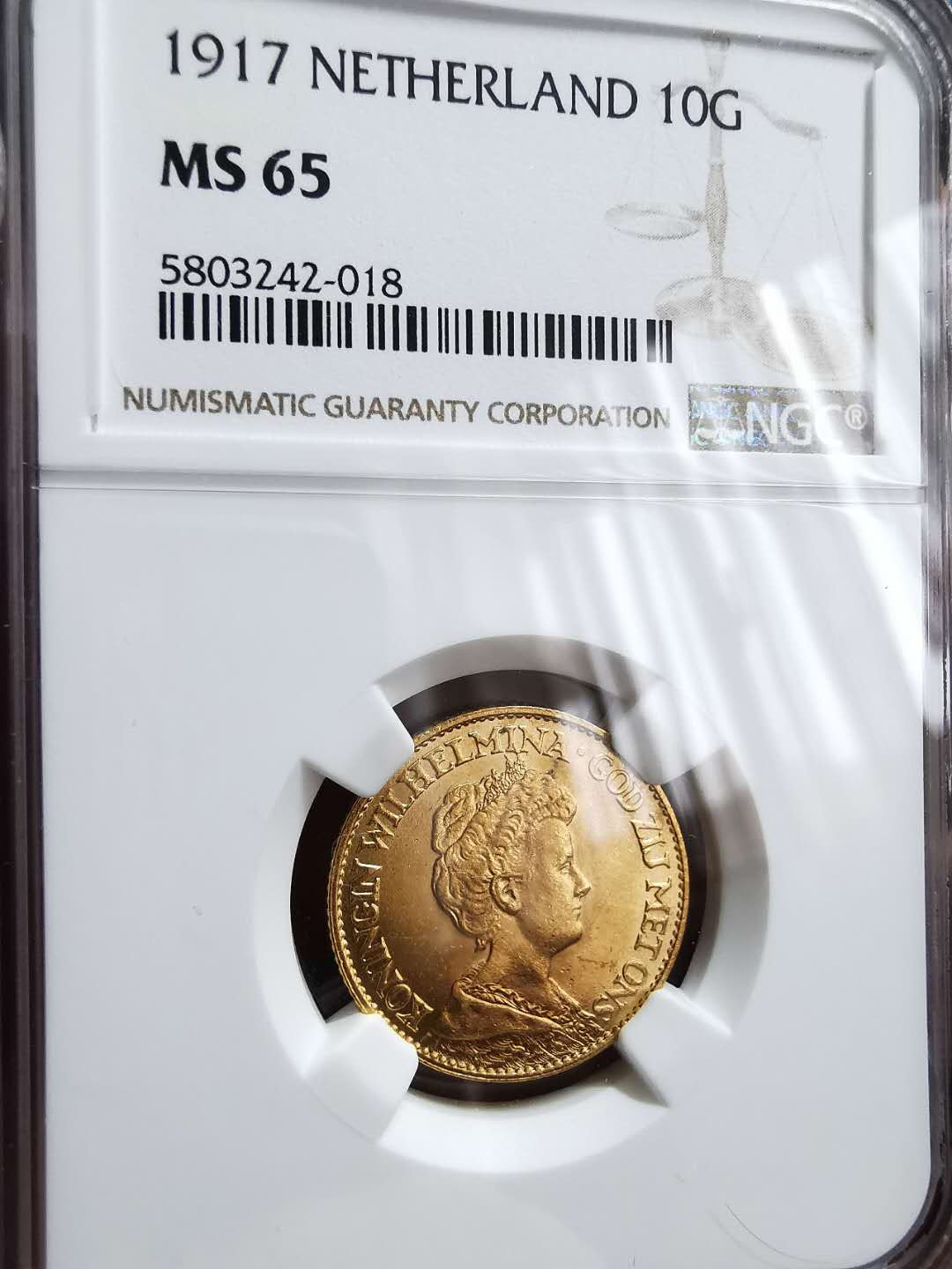 凡希社世界钱币微拍第一百二十八期 1917荷兰威廉明娜10盾金币NGC-MS65高分收藏级！