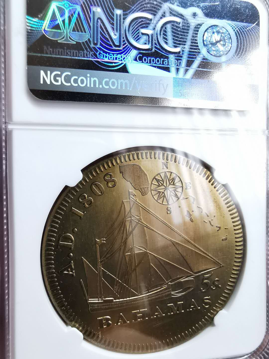 凡希社世界钱币微拍第一百二十八期 1808巴哈马克朗NGC-PF66后铸