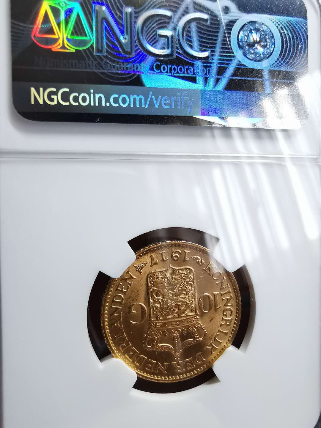 凡希社世界钱币微拍第一百二十八期 1917荷兰威廉明娜10盾金币NGC-MS65高分收藏级！