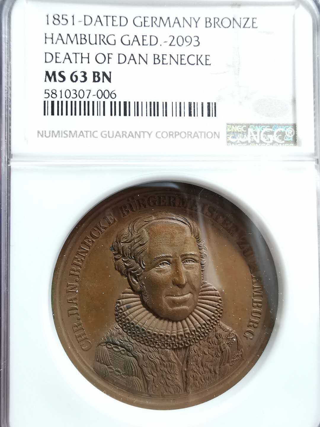 凡希社世界钱币微拍第一百二十八期 1851德国DEN BENECKE纪念铜章NGC-MS63