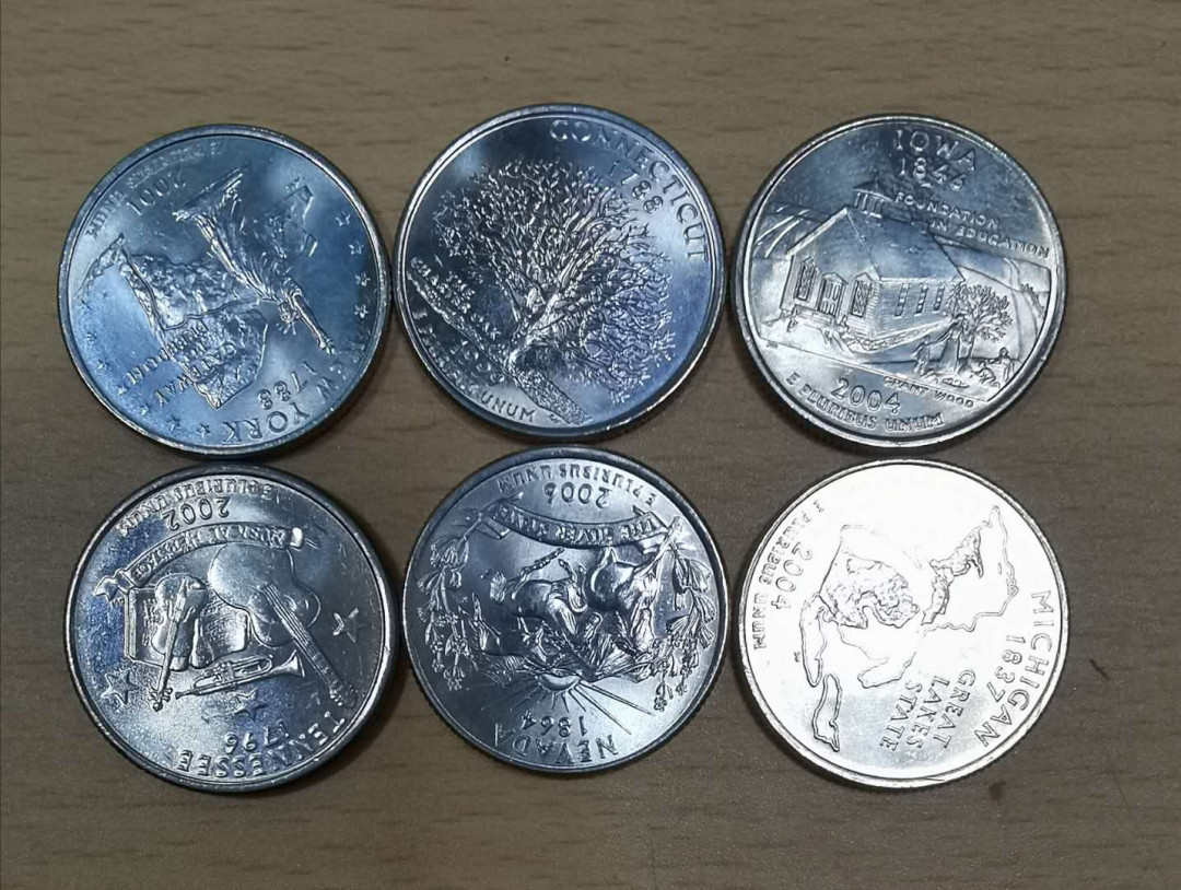北京马甸外币专卖拍卖第十七期，非贵金属专场，陆续上新欢迎关注 美国25分50州纪念币6枚，品相如图