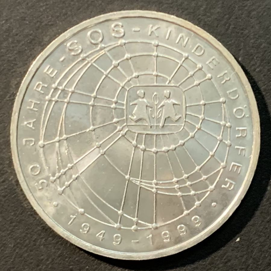 紫瑗钱币——微拍第109期 德国 1999年 J厂 SOS儿童村50周年 10马克 15.5克 0.925银