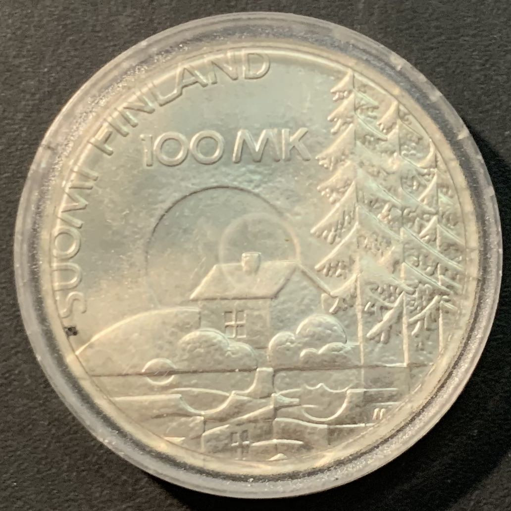 紫瑗钱币——微拍第106期 芬兰 1990年 退伍伤残老兵协会 100马克 24克 0.925银 UNC
