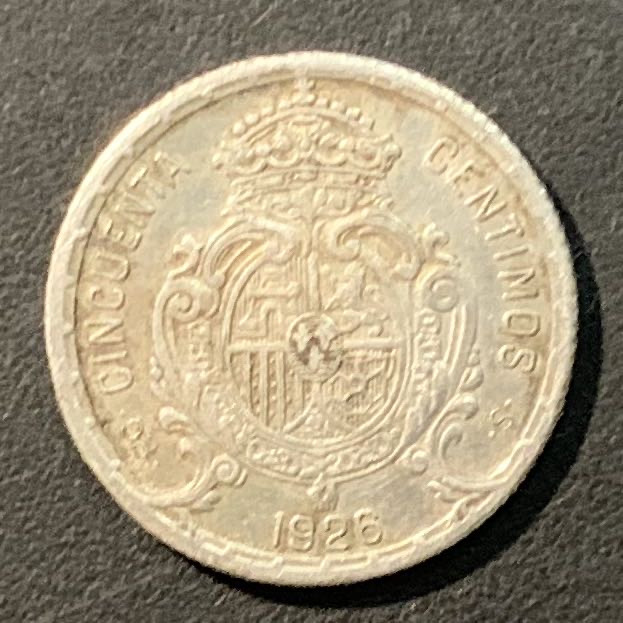 紫瑗钱币——微拍第109期 西班牙 1926年 阿方索十三世 中年头 50分 2.5克 0.835银