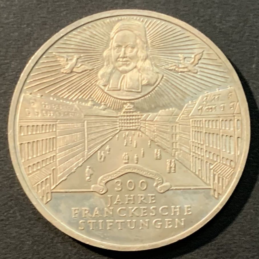 紫瑗钱币——微拍第109期 德国 1998年 A厂 弗朗克慈善会300周年 10马克 15.5克 0.925银