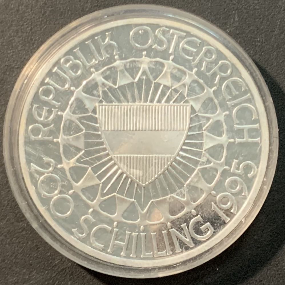 紫瑗钱币——微拍第106期 奥地利 1995年  奥运百年 滑雪 200先令 银币 精制 33.63克 0.925银 精制