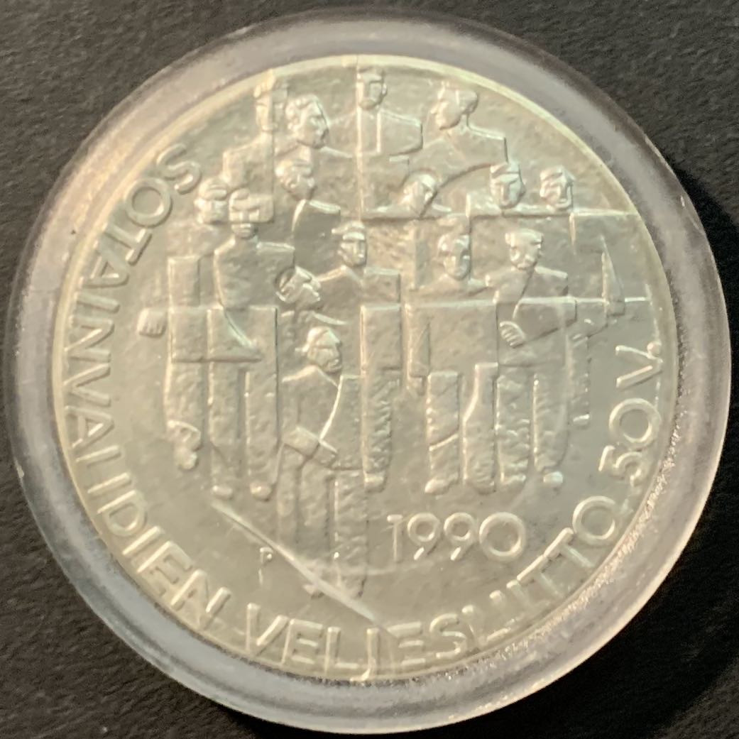 紫瑗钱币——微拍第106期 芬兰 1990年 退伍伤残老兵协会 100马克 24克 0.925银 UNC