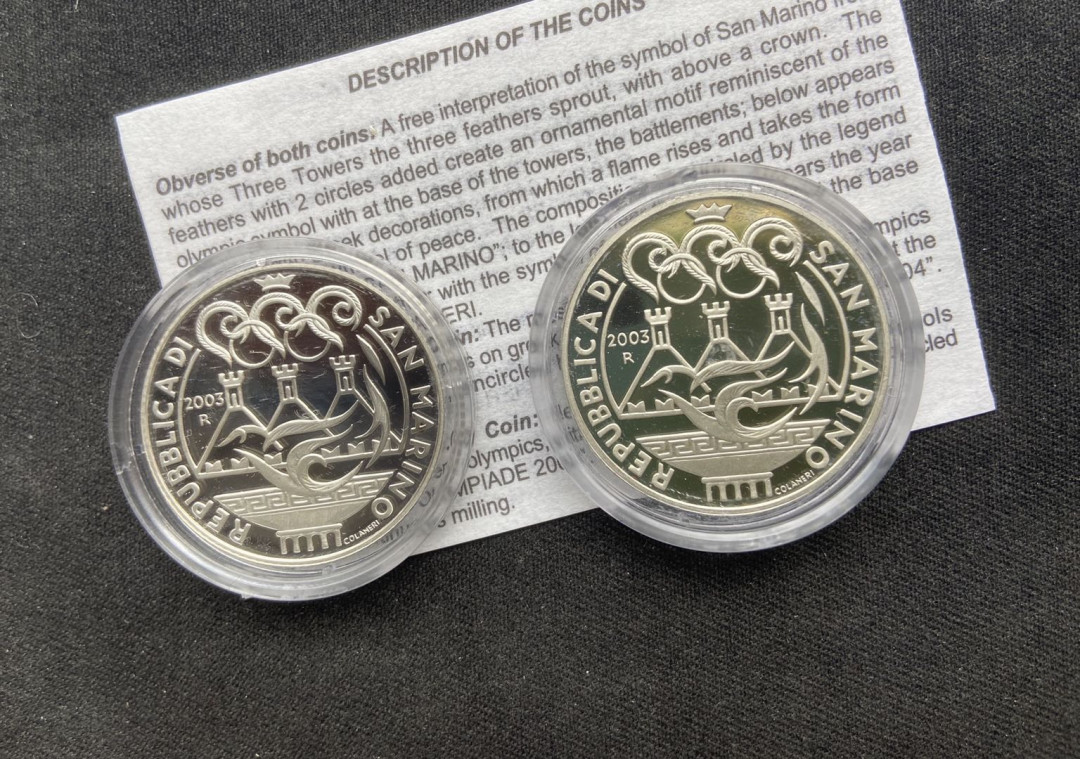【币观天下】第117期钱币拍卖 【圣马力诺】圣马力诺2004年雅典奥运会 奥运百年 银币2枚1套