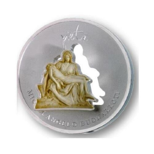 【币观天下】第117期钱币拍卖 纽埃2013年2元，1盎司，可分离装卸币中币套装、磨砂、异形(雕塑形)、亮光彩色，众神雕塑系列(2)---大师-米开朗基罗-唯一自签名超级名雕《圣母怜子》精制艺术银币2枚币中币全套   