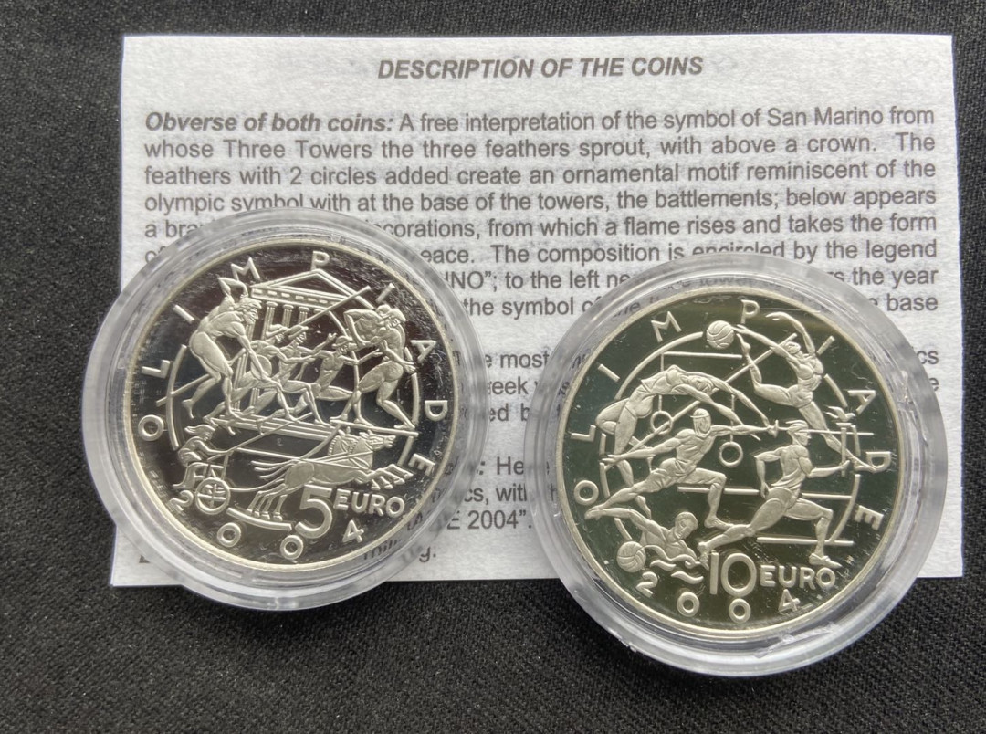 【币观天下】第117期钱币拍卖 【圣马力诺】圣马力诺2004年雅典奥运会 奥运百年 银币2枚1套