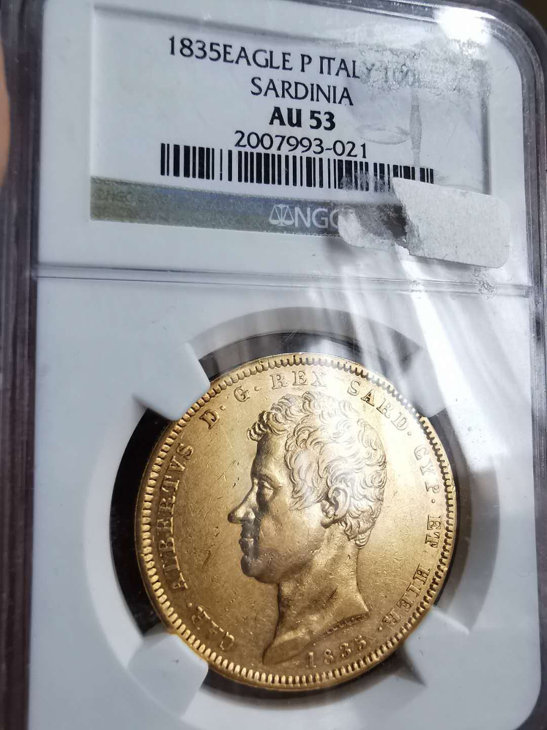 凡希社世界钱币微拍第一百二十九期 荐！1835意大利萨丁岛100里拉大金NGC-AU53