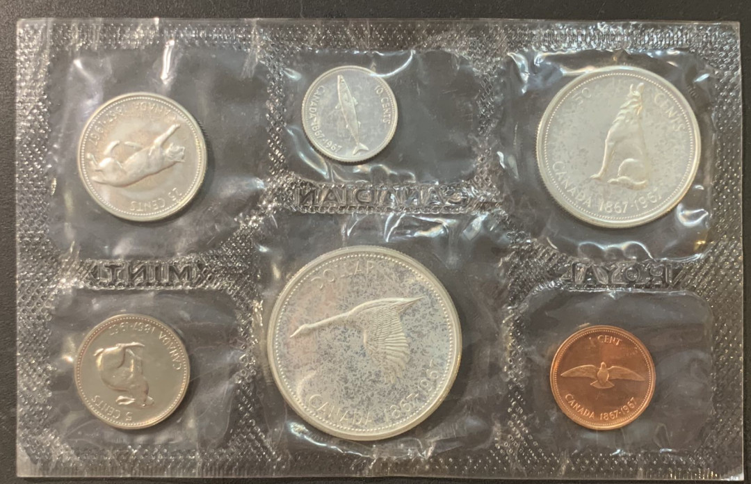 紫瑗钱币—微拍第95期  加拿大 1967年 建国百年 1分 —1元 6枚套  共41.625克 0.8银 原厂装