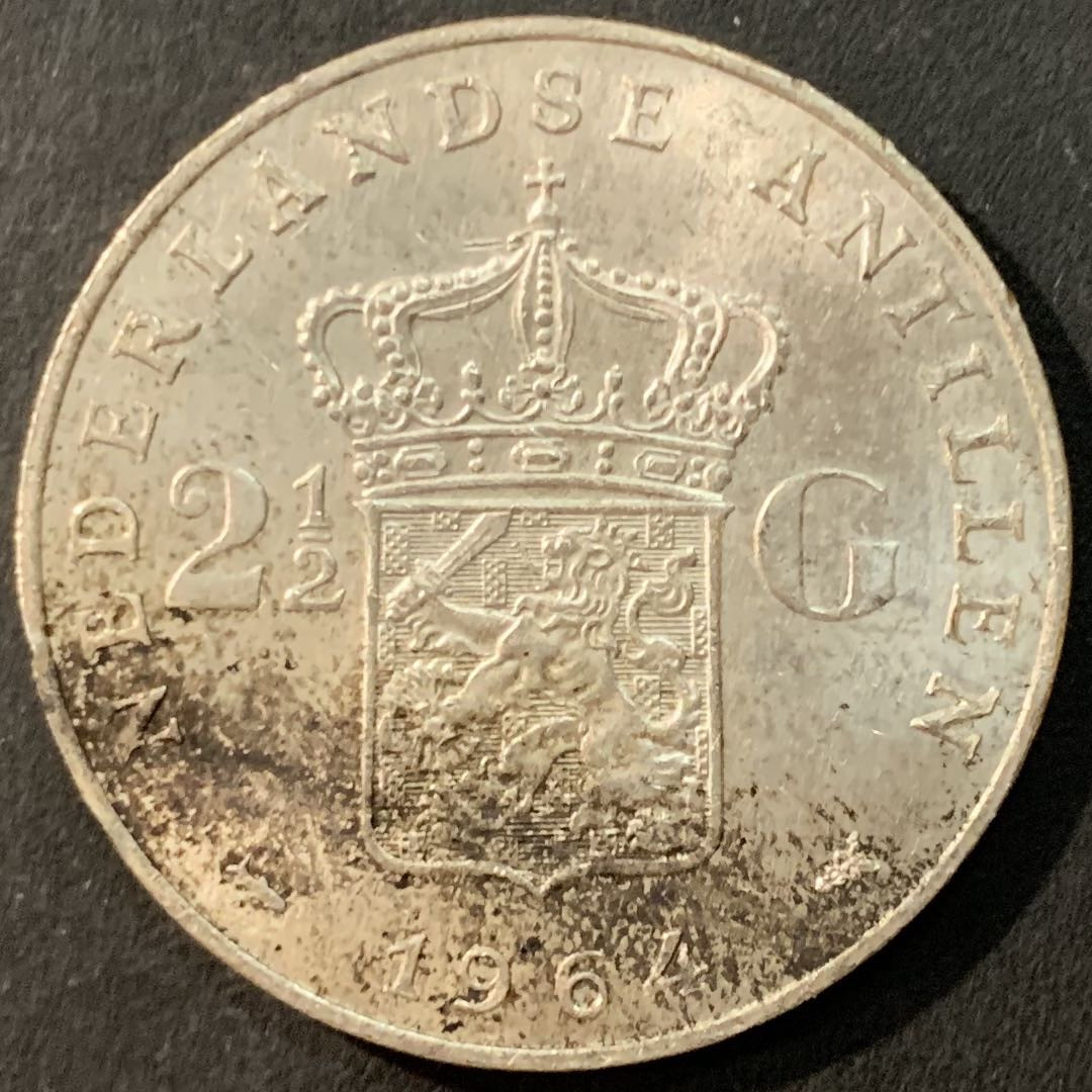 紫瑗钱币—微拍第95期  荷属安的列斯 1964年 朱莉安娜女王 2.5盾 25克 0.72银 BU