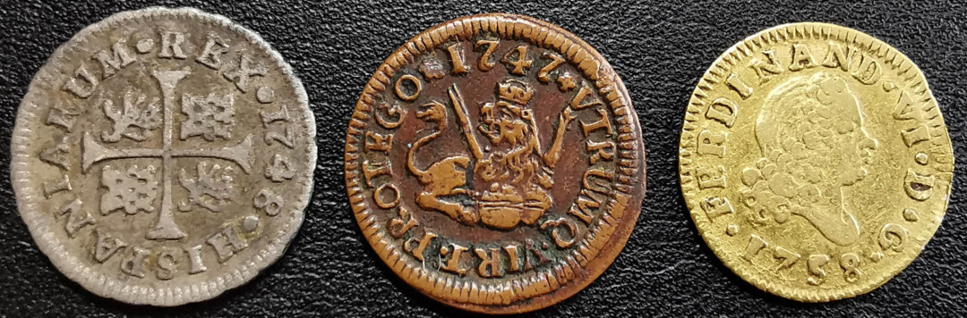 凡希社世界钱币微拍第一百二十九期 荐！西班牙本土斐迪南六世金银铜三枚美品！