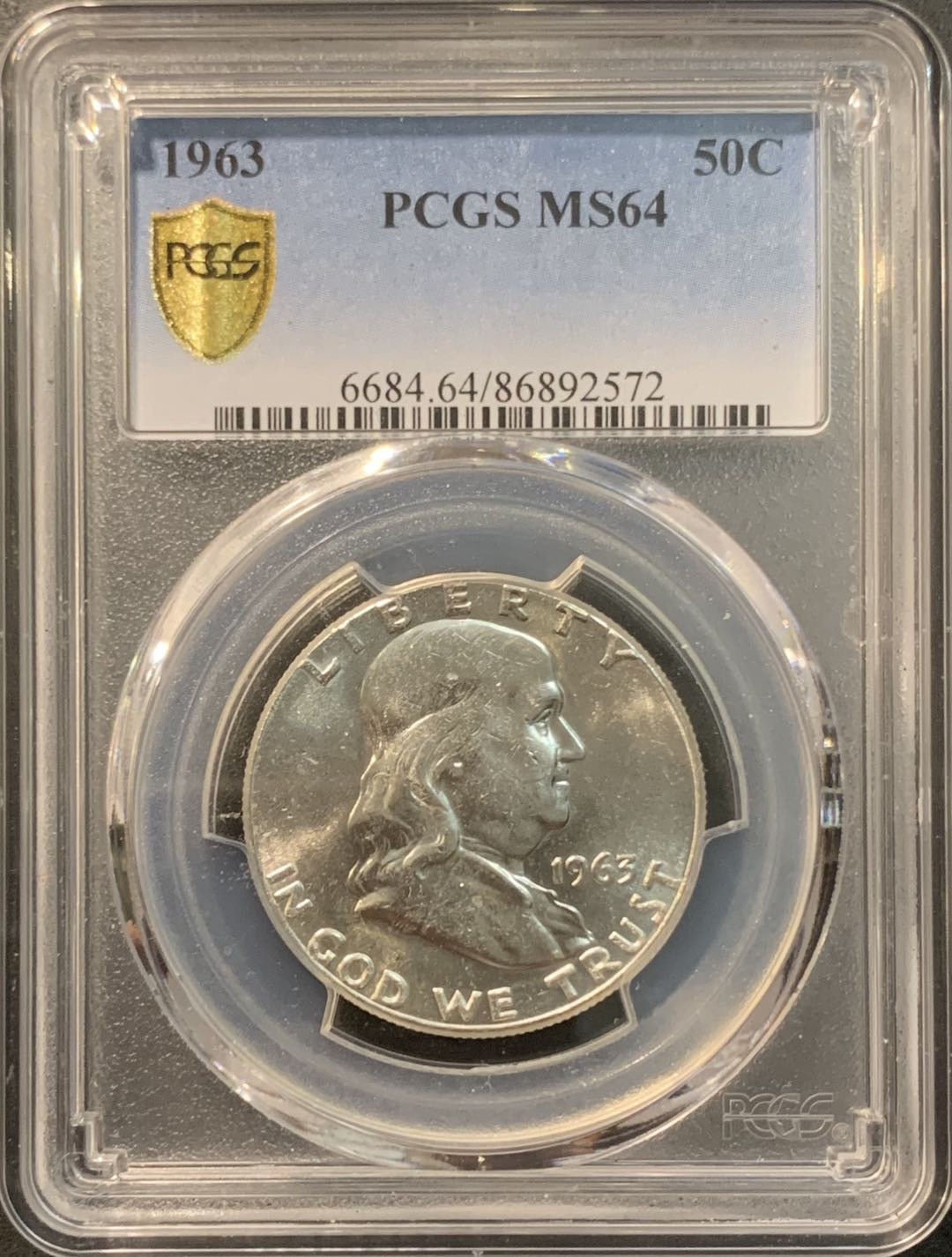 紫瑗钱币—微拍第95期  美国 1963年 富兰克林 半美元 50美分 12.5克 0.9银 PCGS MS64