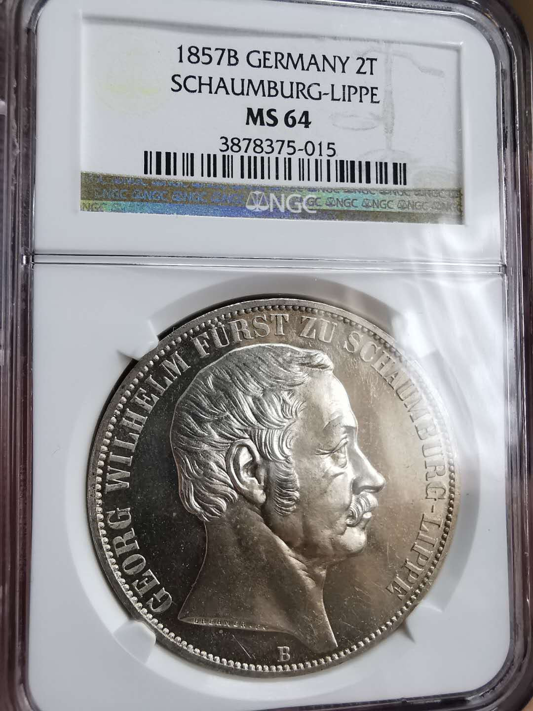 凡希社世界钱币微拍第一百二十九期 稀！1857绍姆堡利普2泰勒大银NGC-MS64亚军分！