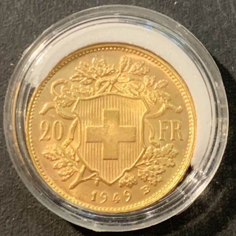 紫瑗钱币—微拍第95期  瑞士 1949年 雪山女神 20法郎 6.45克 0.9金 UNC