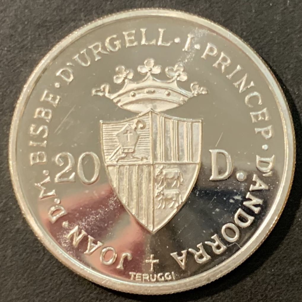 紫瑗钱币—微拍第95期  安道尔 1984年 洛杉矶奥运会 射击 20第纳尔 银币 16克 0.9银 精制