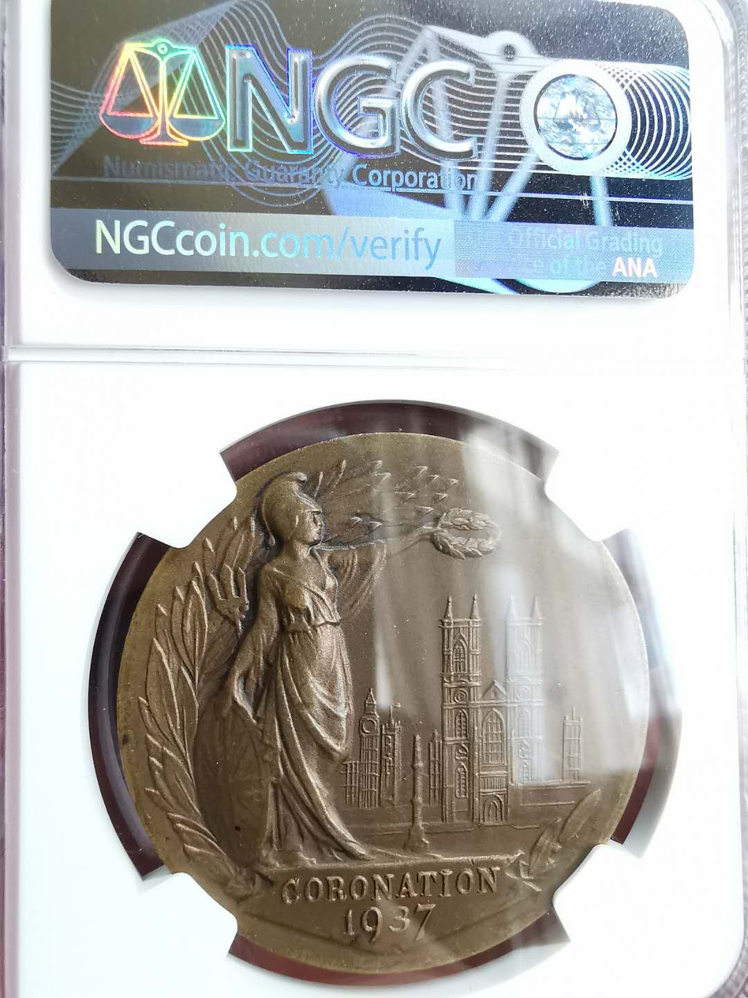 凡希社世界钱币微拍第一百二十九期 1937英国乔六加冕纪念铜章大型NGC-MS63