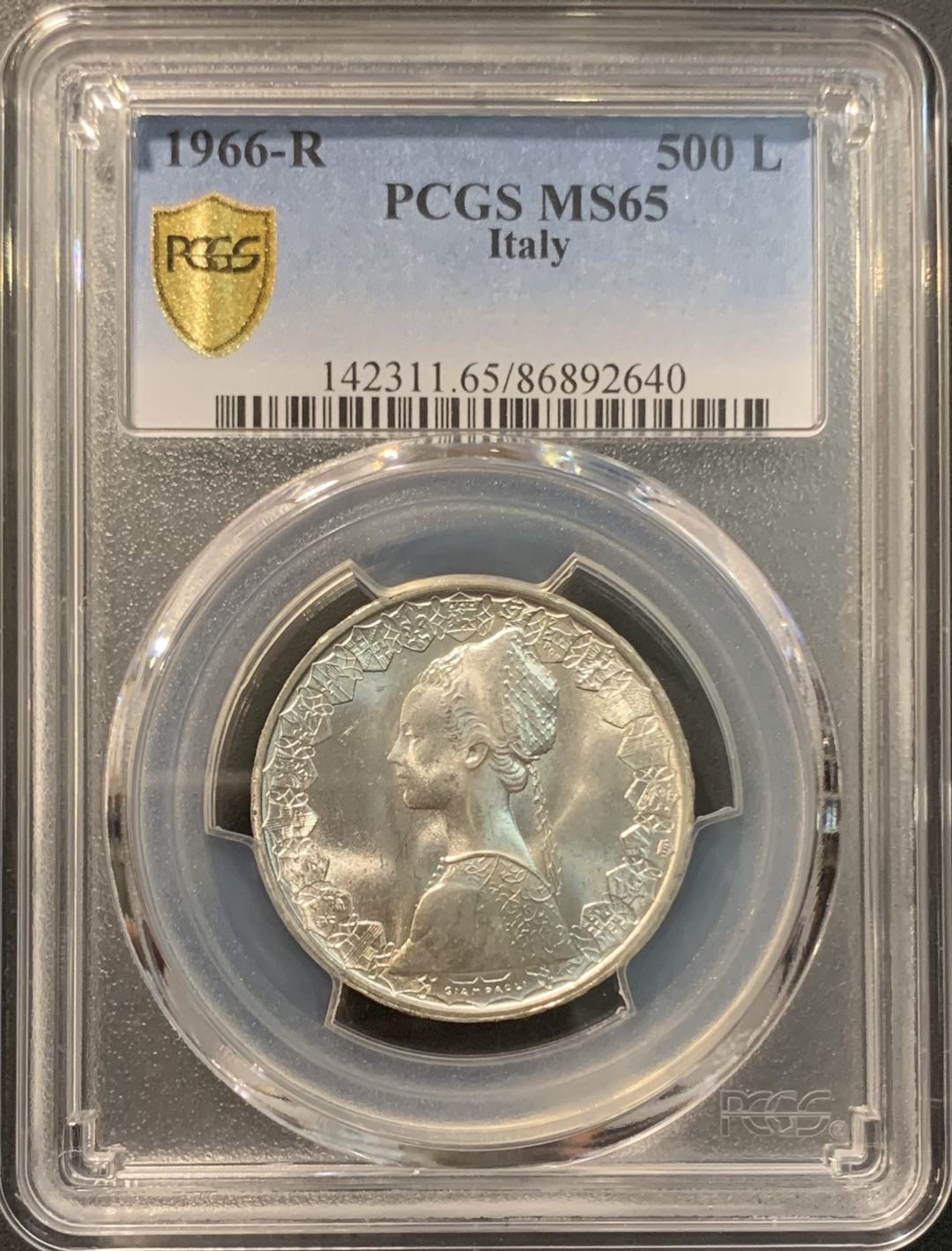 紫瑗钱币—微拍第95期  意大利 1966年 少女与帆船 500里拉 11克 0.835银  PCGS MS65