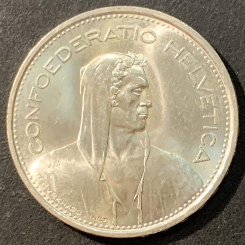 紫瑗钱币—微拍第95期  瑞士 1967年 威廉·退尔 5法郎 15克 0.835银 UNC