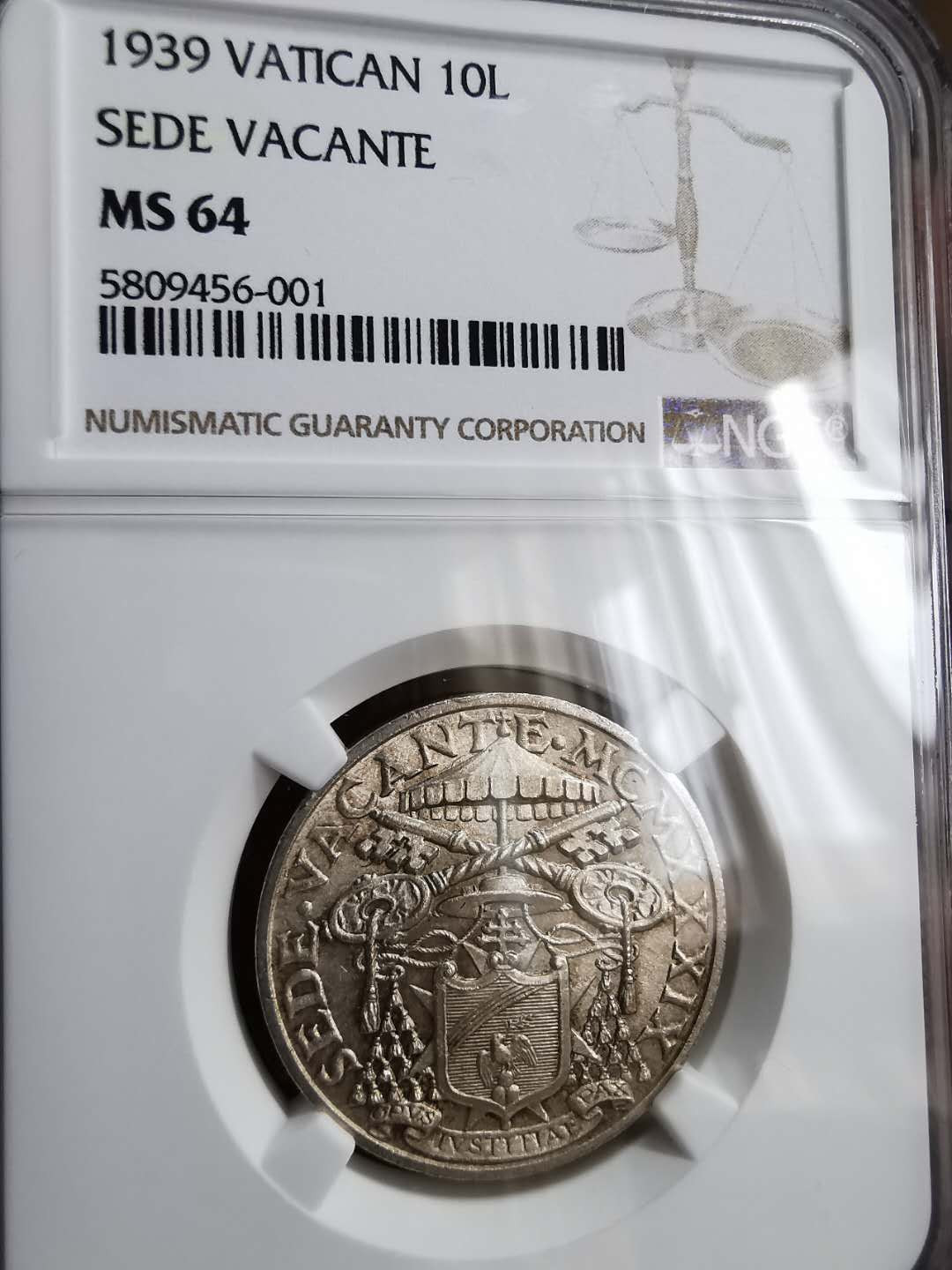 凡希社世界钱币微拍第一百二十九期 1939梵蒂冈缺位10里拉银币NGC-MS64