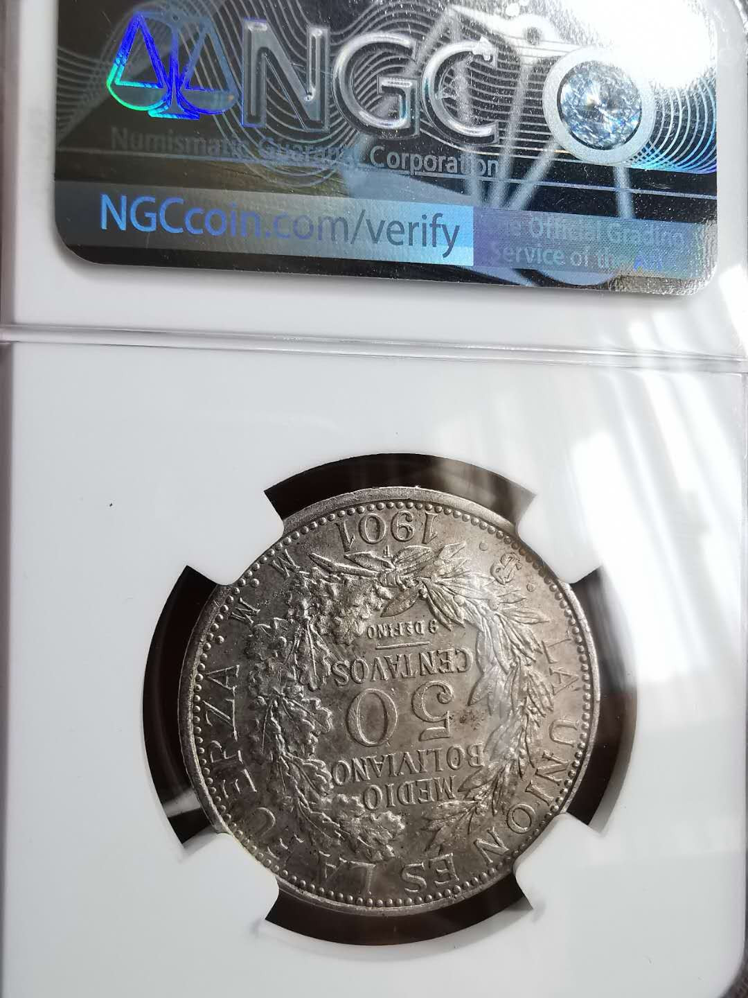 凡希社世界钱币微拍第一百二十九期 1901玻利维亚50分NGC-AU55