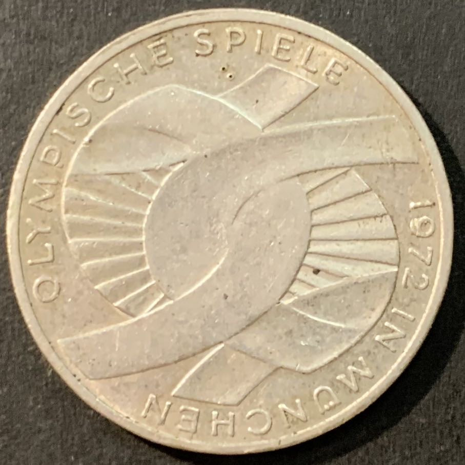 紫瑗钱币—微拍第95期  德国 1972年  G厂 慕尼黑奥运会 会标 10马克 15.5克 0.625银