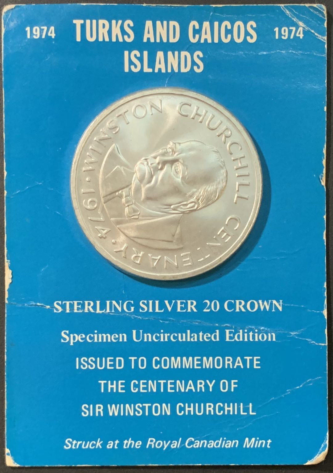 紫瑗钱币—微拍第95期  特克斯与凯恩斯 1974年 温斯顿·丘吉尔诞辰100周年 20克朗 38.7克 0.925银 原卡装