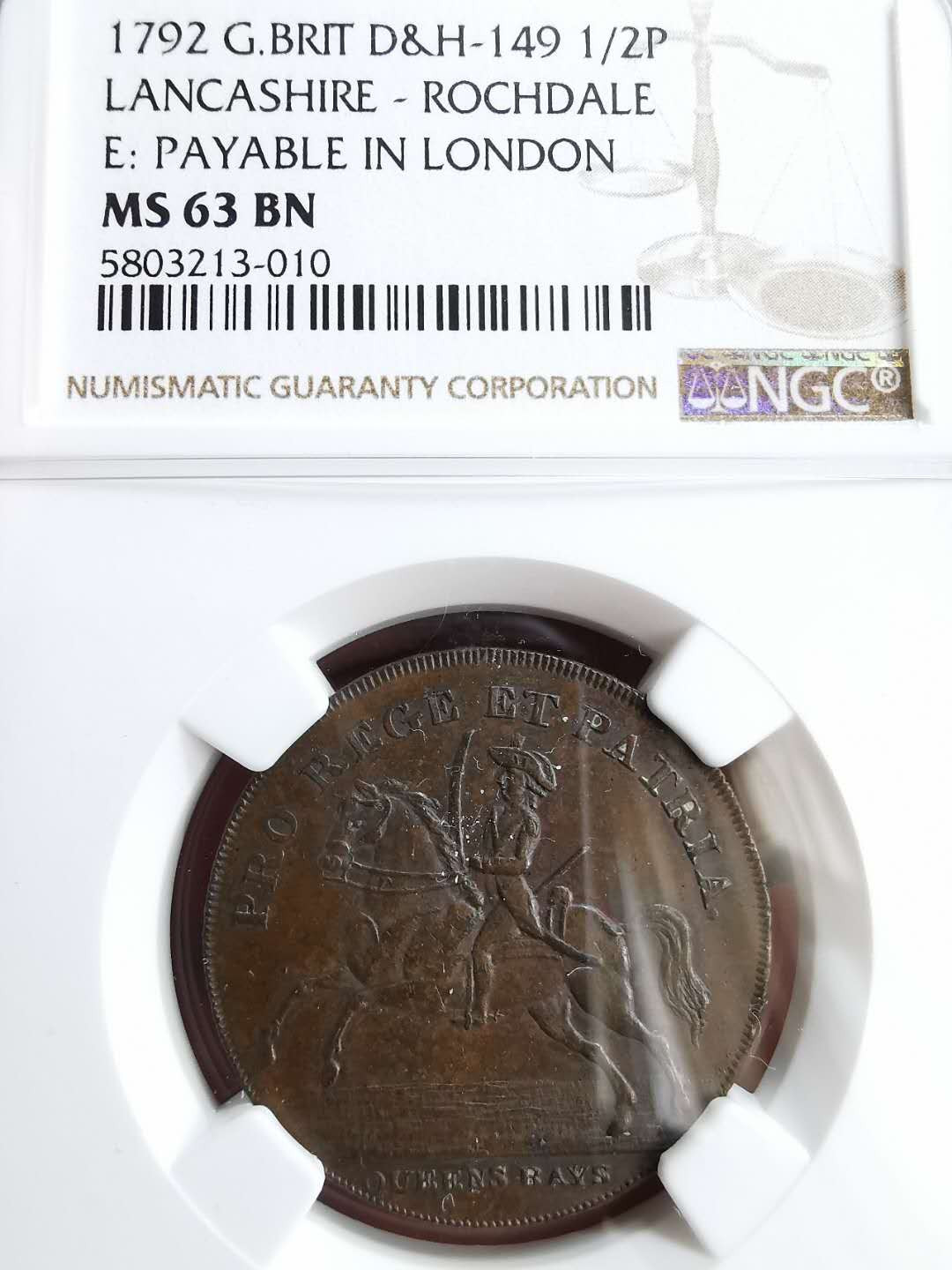 凡希社世界钱币微拍第一百二十九期 1793兰开斯特郡1/2便士token NGC-MS62