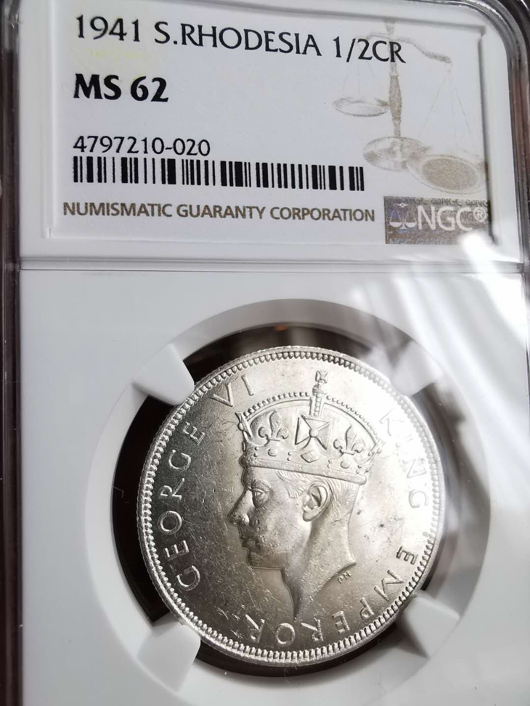 凡希社世界钱币微拍第一百二十九期 1941南罗得西亚乔六1/2克朗NGC-MS62