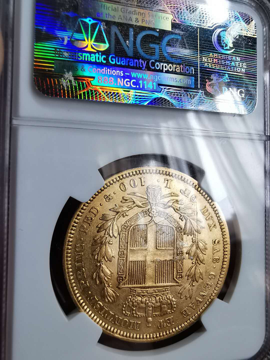 凡希社世界钱币微拍第一百二十九期 荐！1835意大利萨丁岛100里拉大金NGC-AU53