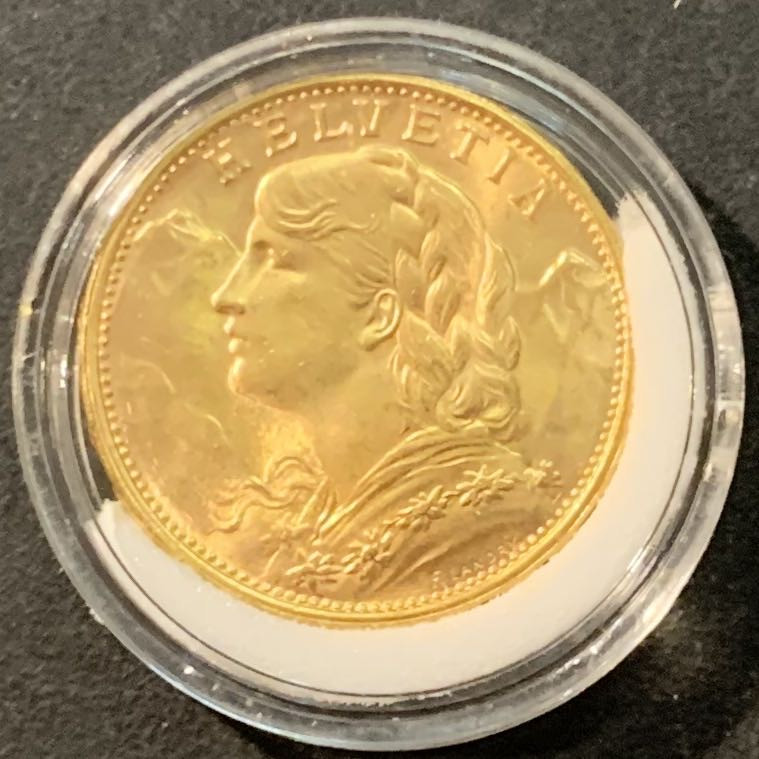 紫瑗钱币—微拍第95期  瑞士 1949年 雪山女神 20法郎 6.45克 0.9金 UNC