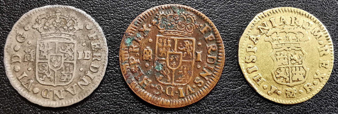 凡希社世界钱币微拍第一百二十九期 荐！西班牙本土斐迪南六世金银铜三枚美品！