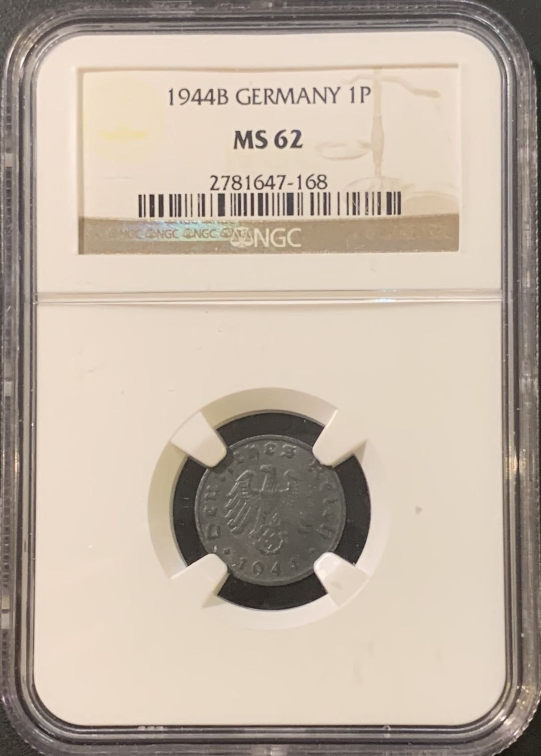 紫瑗钱币—微拍第95期  德国 1944年 B 党徽 1芬妮 锌币 NGC MS62