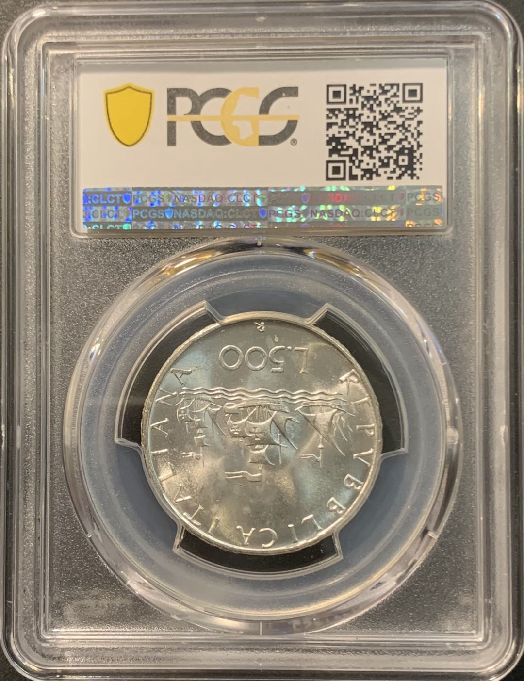 紫瑗钱币—微拍第95期  意大利 1966年 少女与帆船 500里拉 11克 0.835银  PCGS MS65