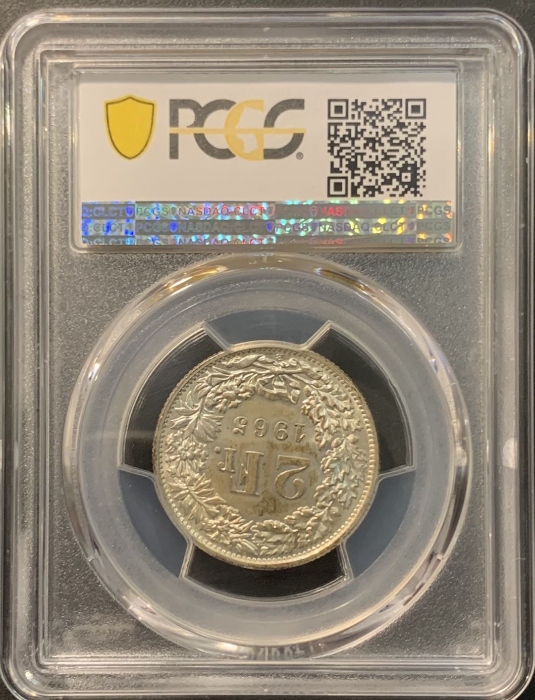 紫瑗钱币—微拍第95期  瑞士 1965年B 赫尔维蒂女神 2法郎 10克 0.835银 PCGS MS65