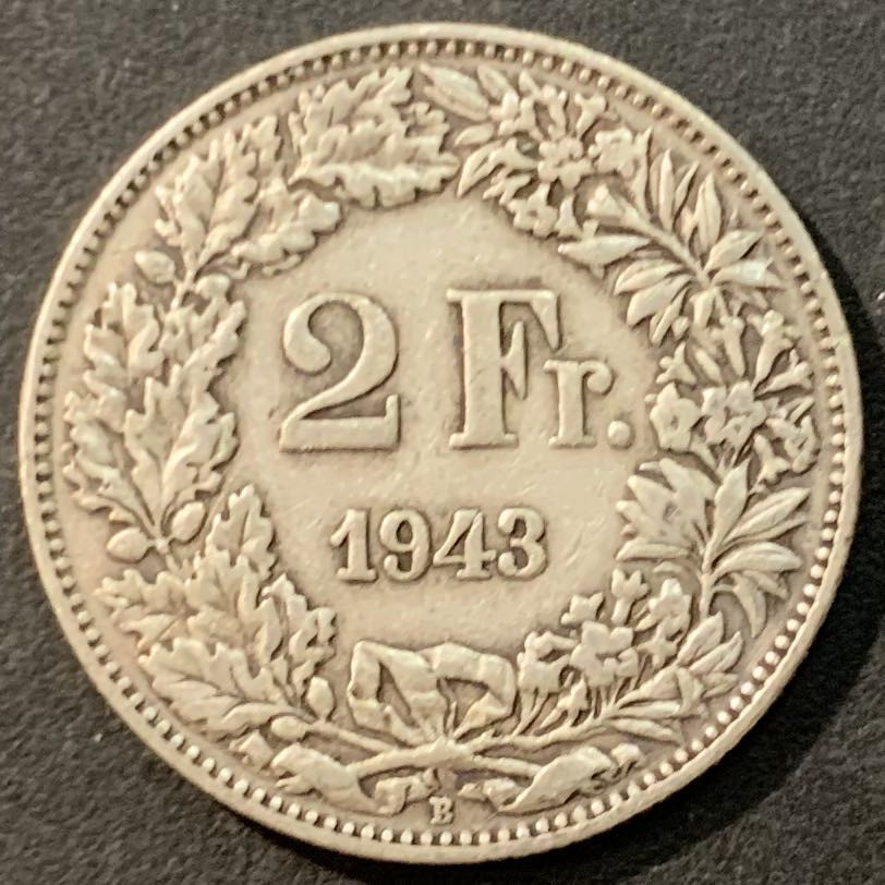 紫瑗钱币—微拍第95期  瑞士 1943年 赫尔维蒂女神 2法郎 10克 0.835银