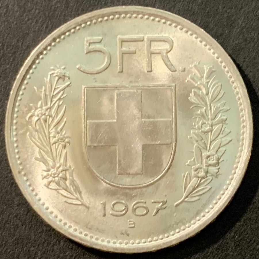紫瑗钱币—微拍第95期  瑞士 1967年 威廉·退尔 5法郎 15克 0.835银 UNC