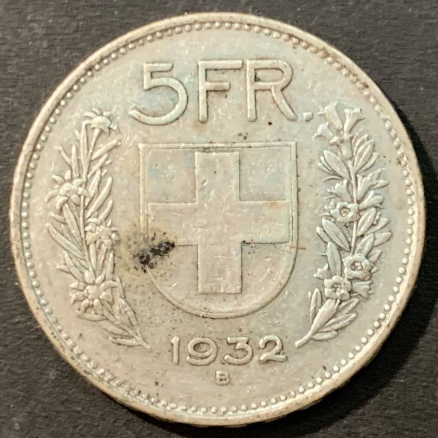 紫瑗钱币—微拍第95期  瑞士 1932年 威廉·泰尔 5法郎 15克 0.835银 