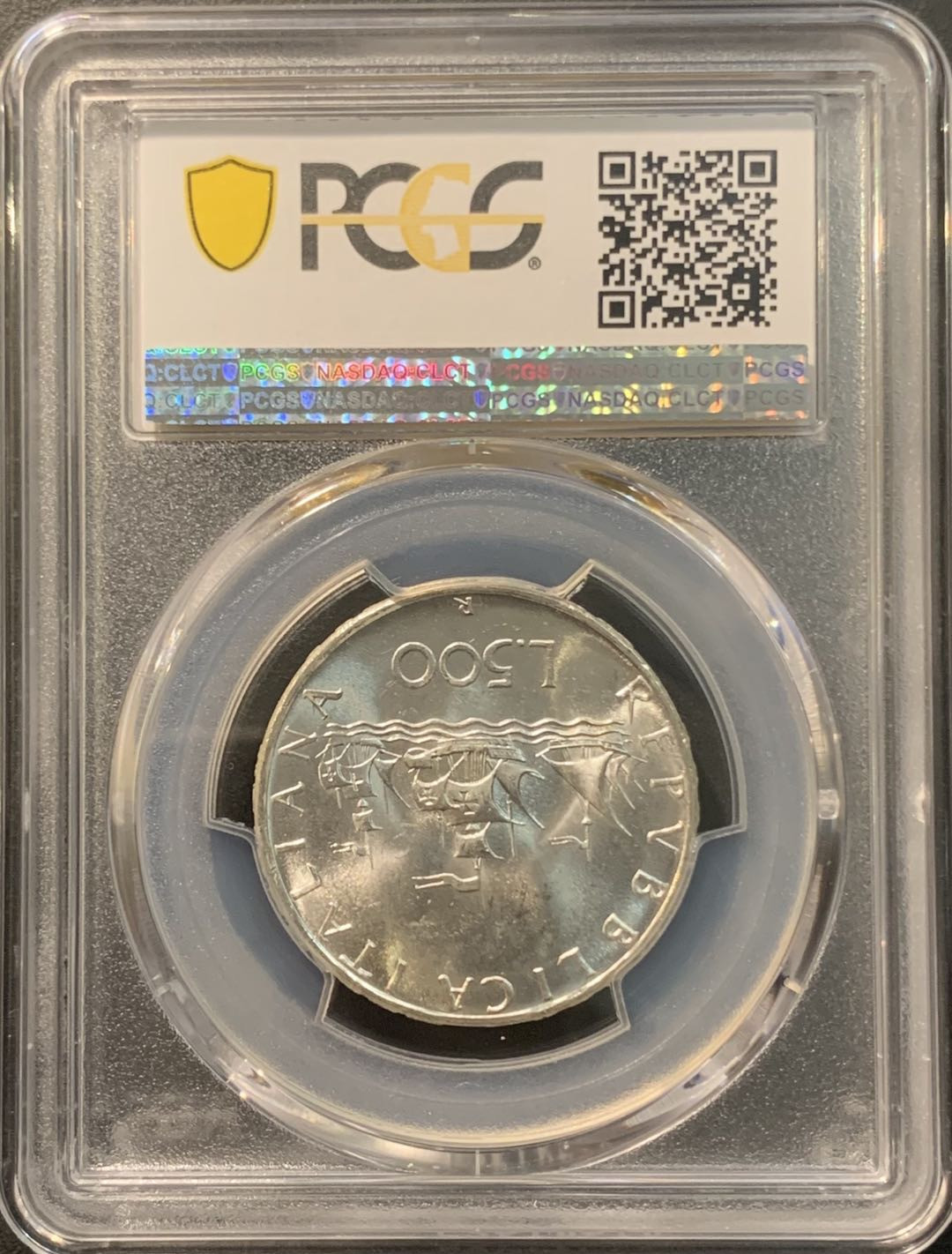 紫瑗钱币—微拍第95期  意大利 1966年 少女与帆船 500里拉 11克 0.835银 PCGS MS64