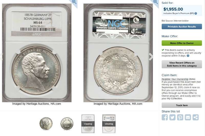 凡希社世界钱币微拍第一百二十九期 稀！1857绍姆堡利普2泰勒大银NGC-MS64亚军分！